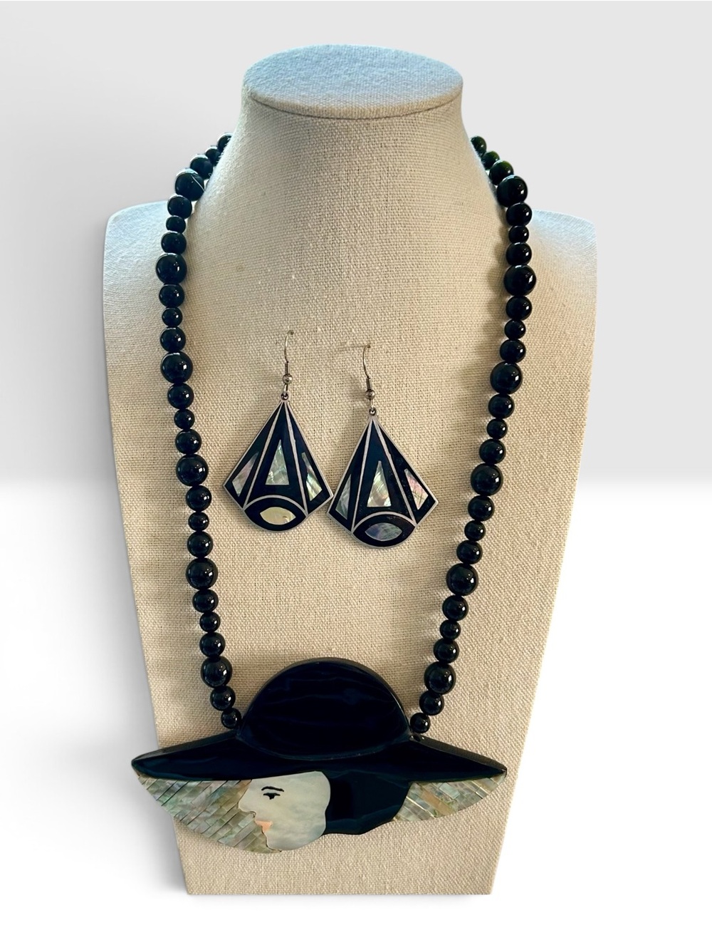 Karla Jordan Art Deco Lady Necklace MOP with Abalone Enamel Earrings Bundle 1980